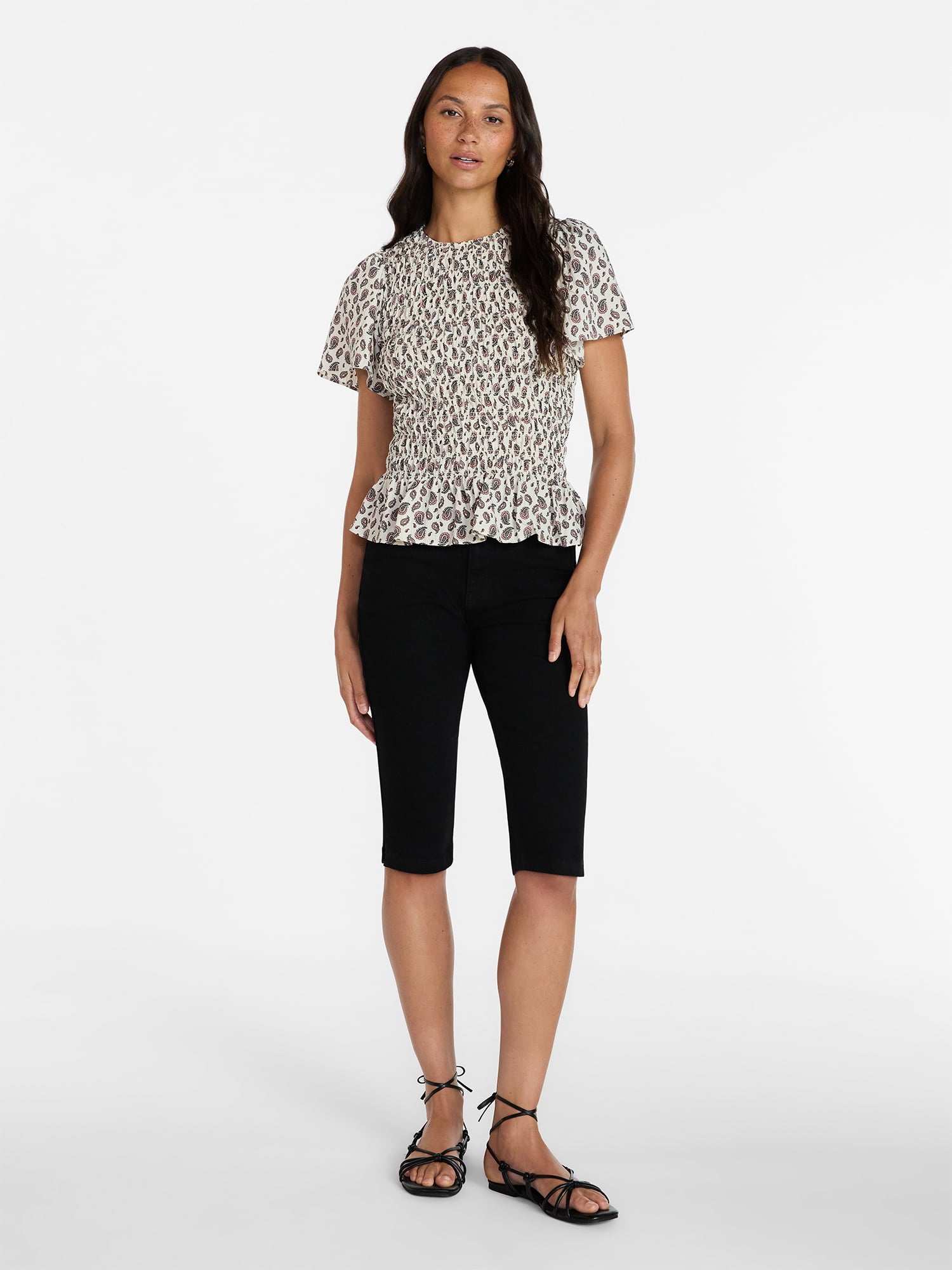 Time and Tru Women's Smocked Top with Short Puff Sleeves, Sizes XS-XXXL