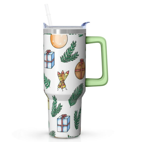 Holiday Santa 40oz Travel Coffee Cup with Handle and Straw Lid, Christmas Stainless Steel Insulated Mug, Leak Proof Tumbler Gifts for Women