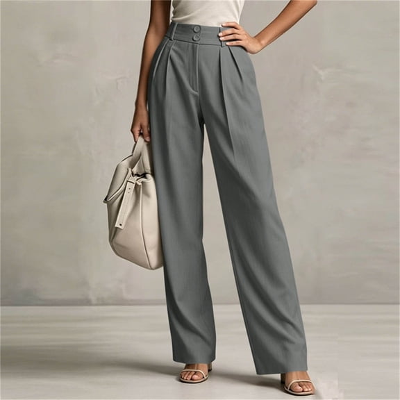 Women's Straight Leg Dress Pants Solid Color High Waist Button Closure Trousers Business Casual Work Pleated Pants,Sizes S-2XL