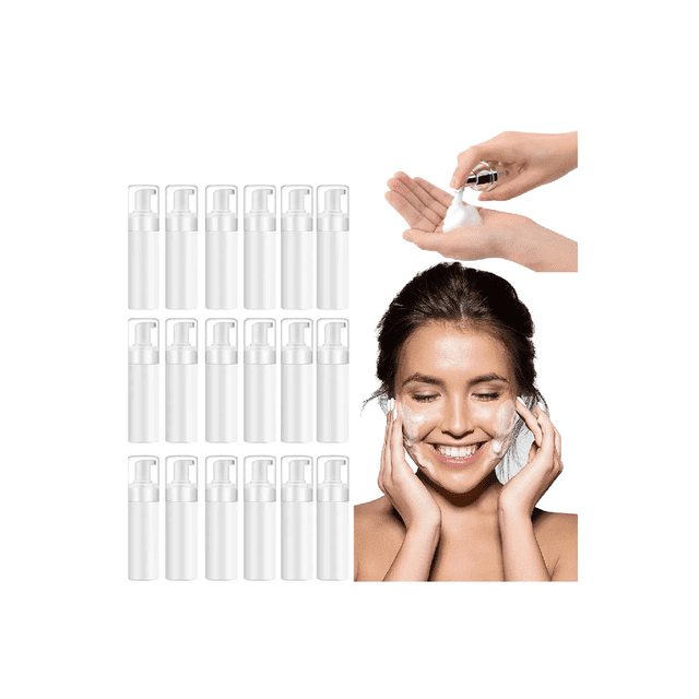 botella dispensadora de jabón en espuma de 60 ml, 20 piezas blanco juego de 20 botellas blancas con dosificador de espuma; vista frontal en filas con cuerpo cilíndrico liso y tapa con botón; la rosca apretada (según especificaciones) evita fugas y el botón con resorte dosifica suficiente líquido; mano accionando el dosificador y uso en tocador, adecuada para desinfectante a base de alcohol o soluciones caseras; accesorios de baño.
