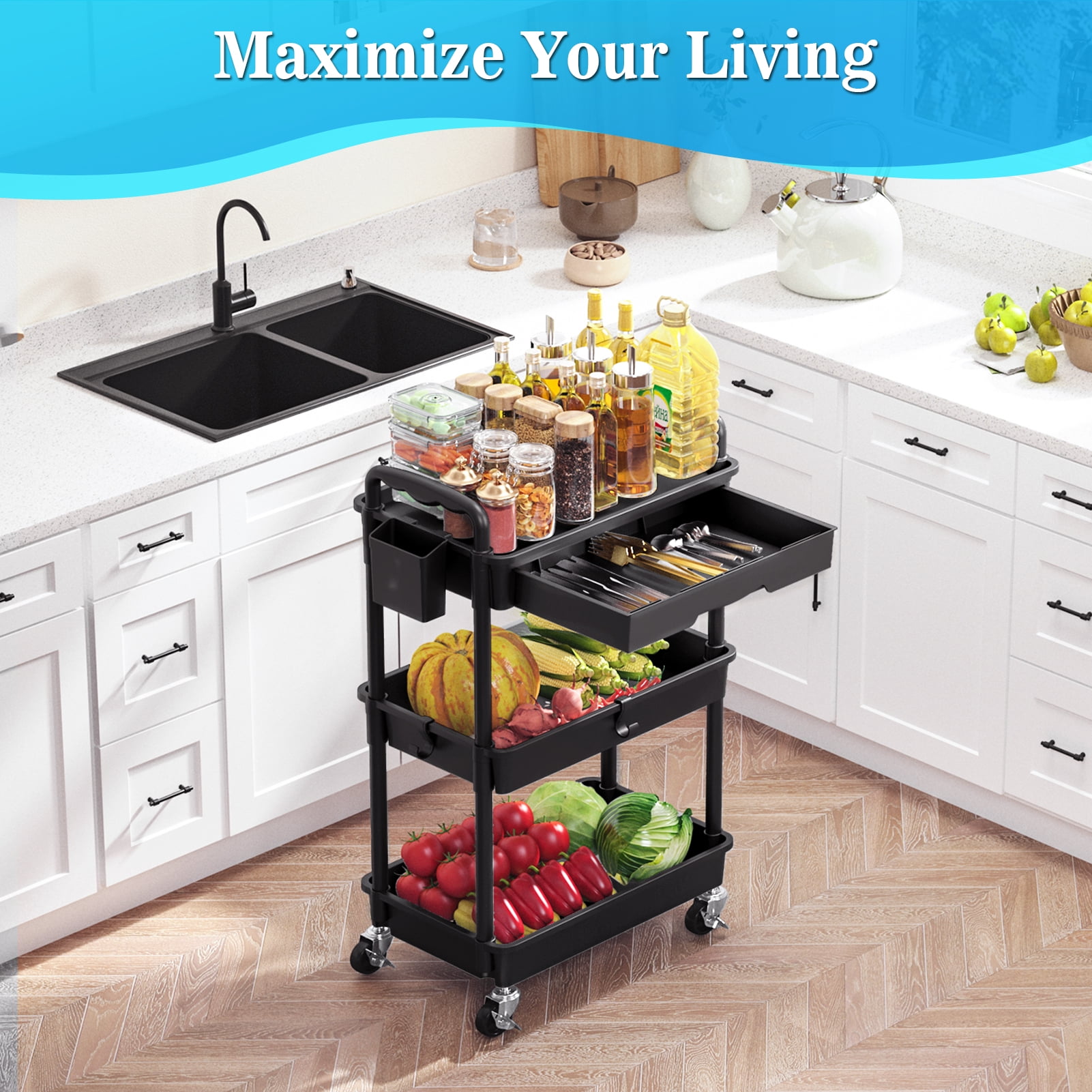 3 Tier Rolling Utility Cart with Removable Drawer, Bathroom Storage Organizer with 2 Lockable Wheels, Mobile Shelving Unit for Kitchen, Office, Snack, Craft, Makeup, Baby Essentials, Black