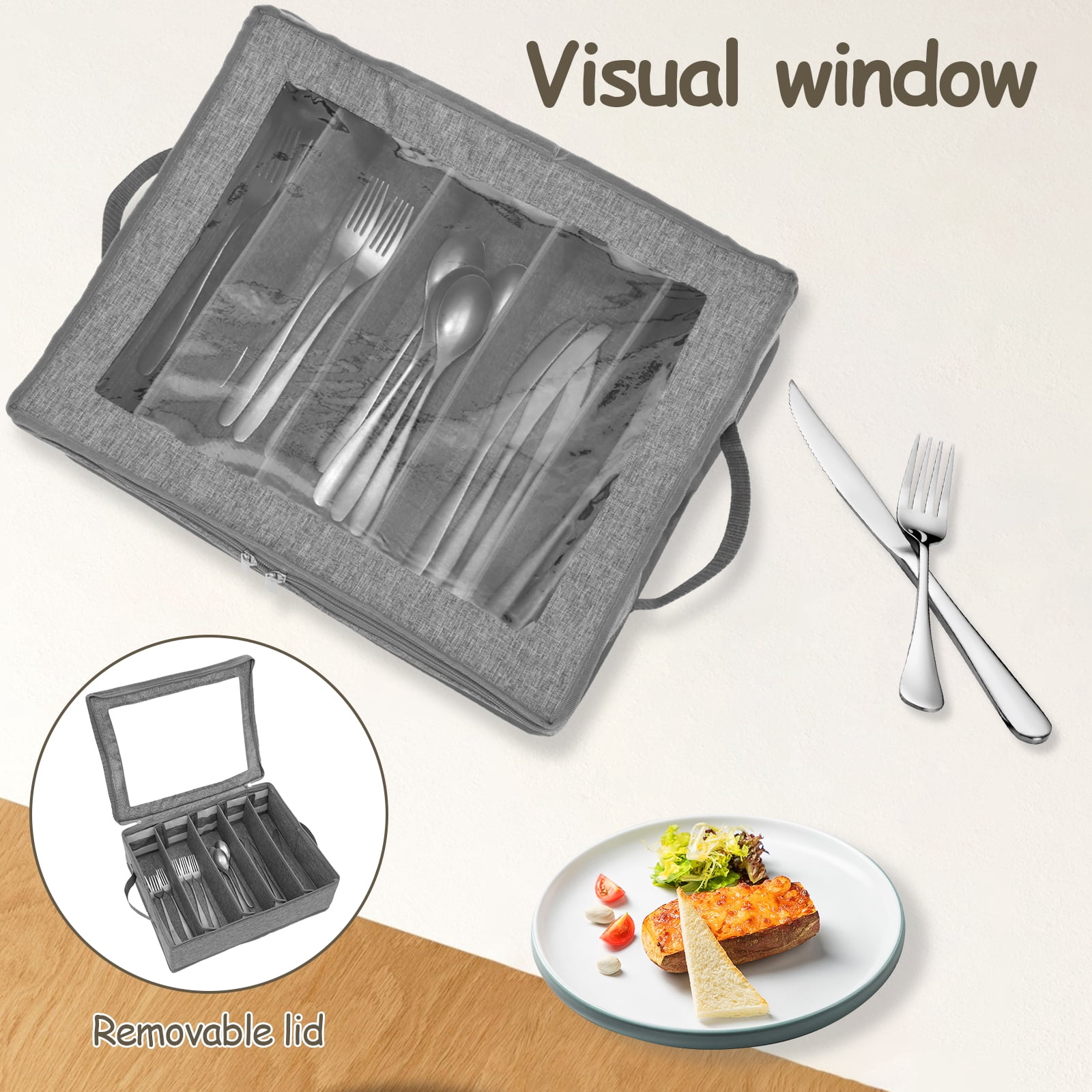 Flatware Organizer with Lid, Fabric Silverware Travel Container with Handles, 5-Compartment Cutlery Holder for RV Camping, Gray