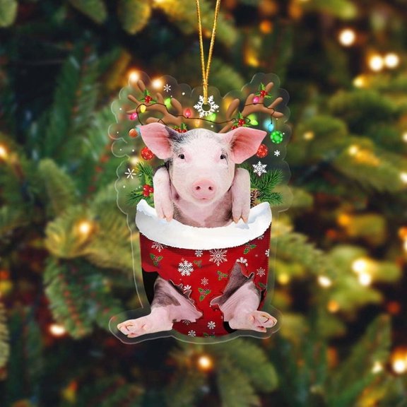 Acrylic 2D FLAT - Lasfour Pig In Pocket Christmas Ornament Flat Acrylic Farmhouse Ornament - Holiday Tree Decoration