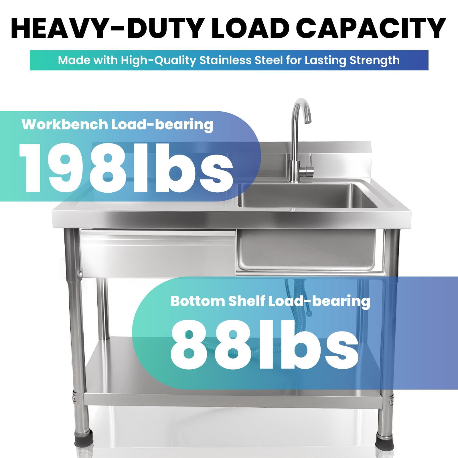 1-Drawer Kitchen Sink, Stainless Steel Commercial Sink With Workbench And Bottom Shelf,Free Standing Utility Sink With Hot And Cold Water Connection,For Garage Or Laundry Room