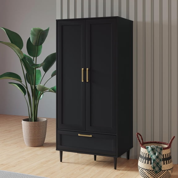 Black Modern Bedroom Armoire With 2 Doors, Hanging Rod, and Single Drawer Storage Cabinet
