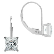 14K Solid White Gold Earrings | Princess Cut Cubic Zirconia | Leverback Drop Dangle Basket Setting | 2.0 CTW | With Gift Box