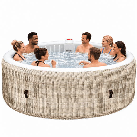 82" Round Inflatable Hot Tub, 6 Person Outdoor Spa with 130 Bubble Jets, 104°F Heating, Rattan-Style Durable PVC, Cover & Filter, 264 Gal, Beige