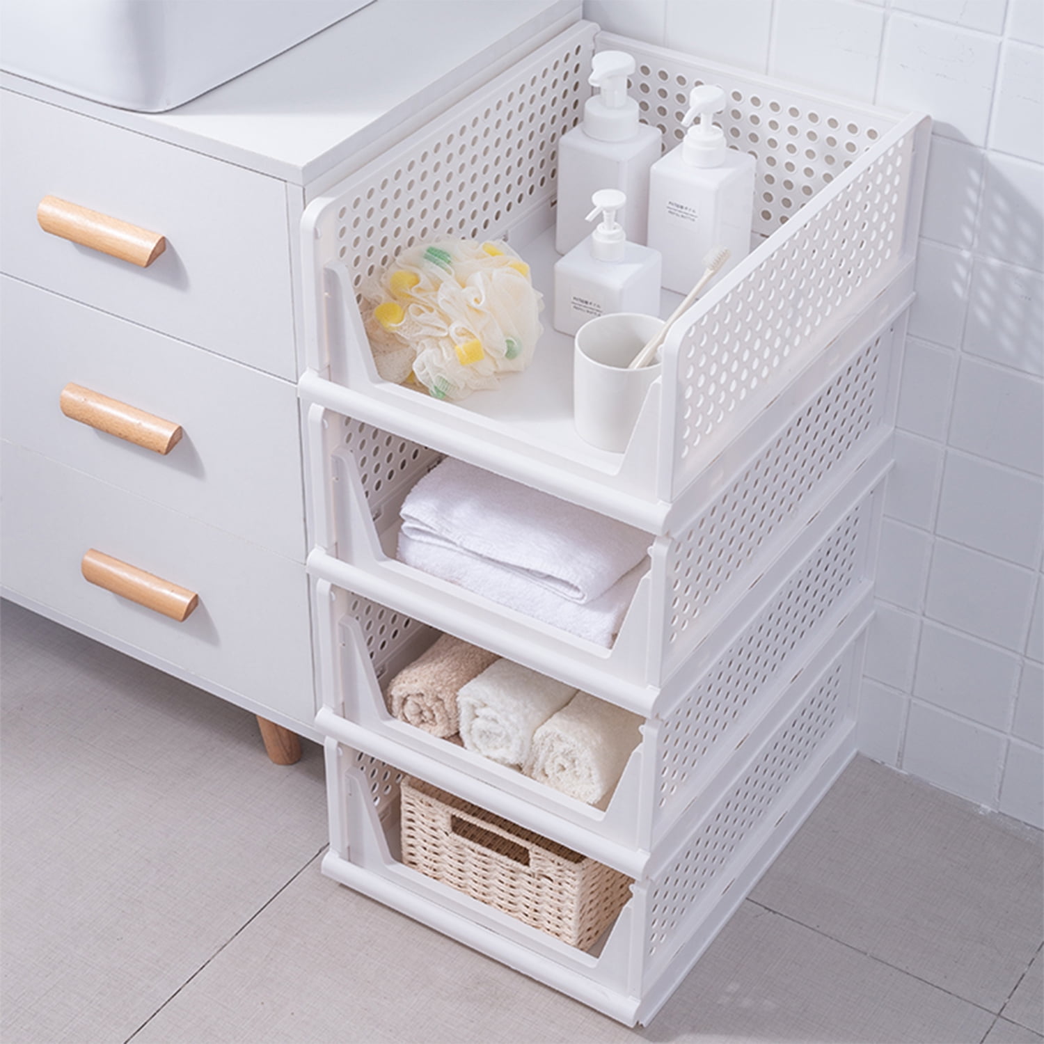TINANA Stackable Plastic Storage Basket 4 Pack, Drawer Shelf Storage Container, Foldable Closet Organizers and Storage Bins for Wardrobe Cupboard Kitchen Bathroom Office-White