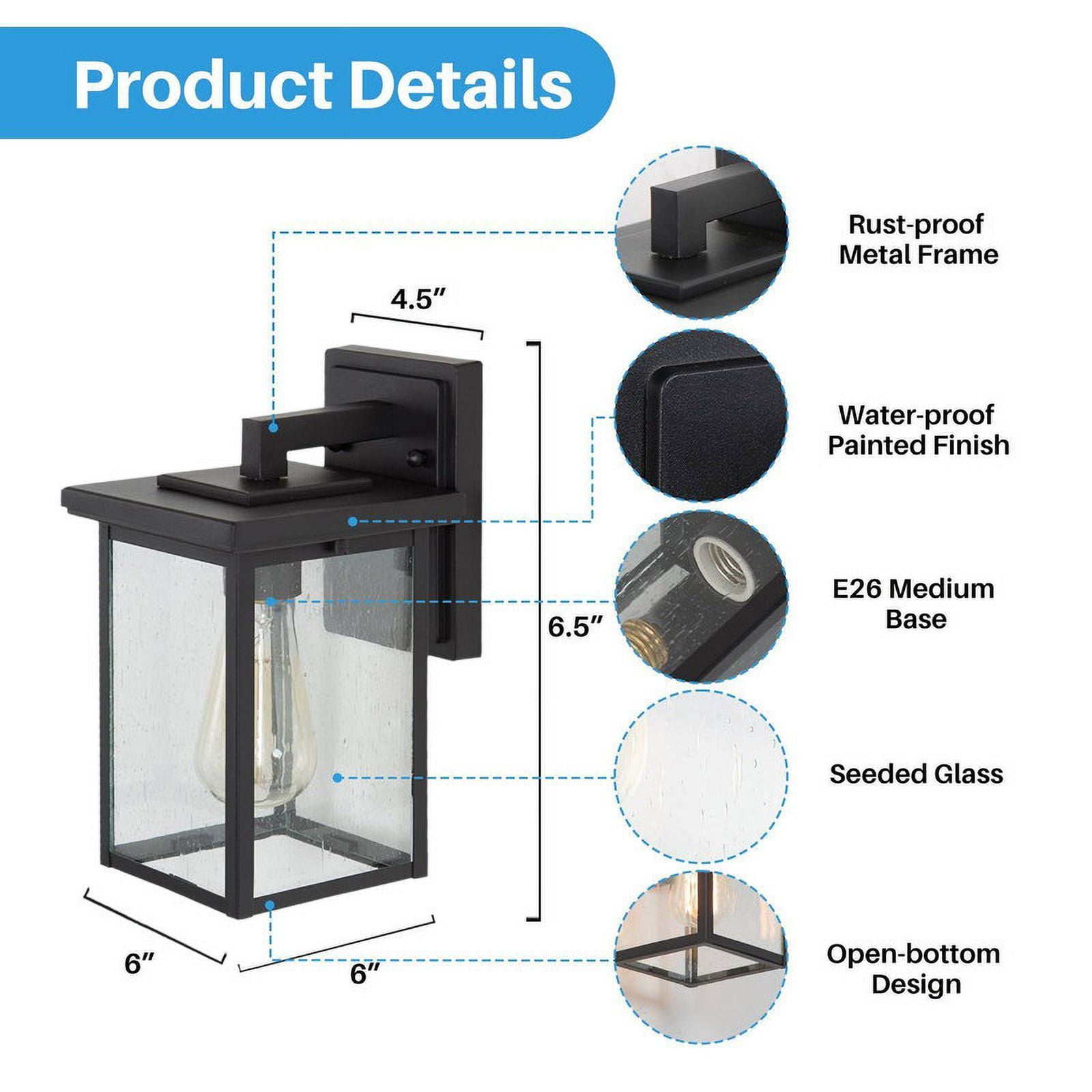 LNC Black Outdoor Wall Lantern withseeded Glass Panels, Farmhousesconce, Wet Rated