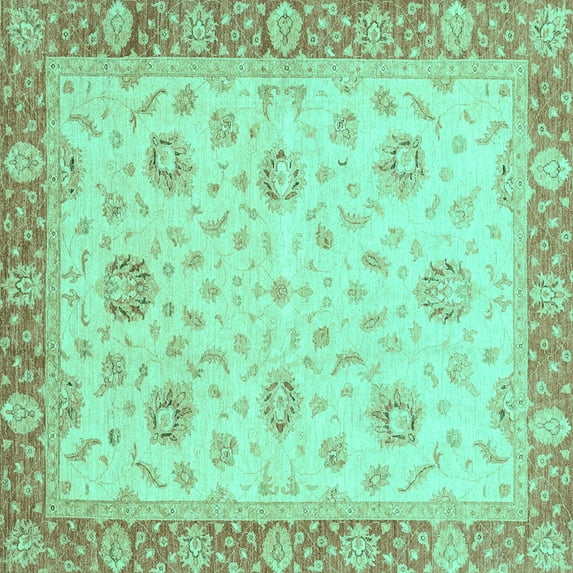 Ahgly Company Machine Washable Indoor Square Oriental Turquoise Blue Traditional Area Rugs, 6' Square