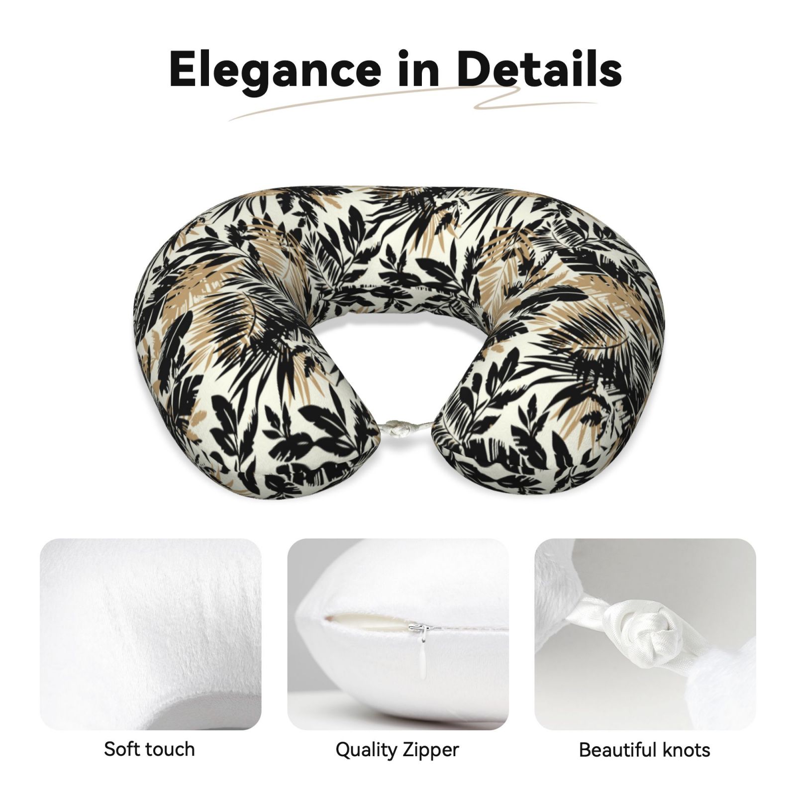 Xecao Black Palm Leaves Print Memory Foam Cervical Neck Pillow Versatile U-Shaped Pillows for Home,Office,Camping,Travelling,Soft Washable Cover