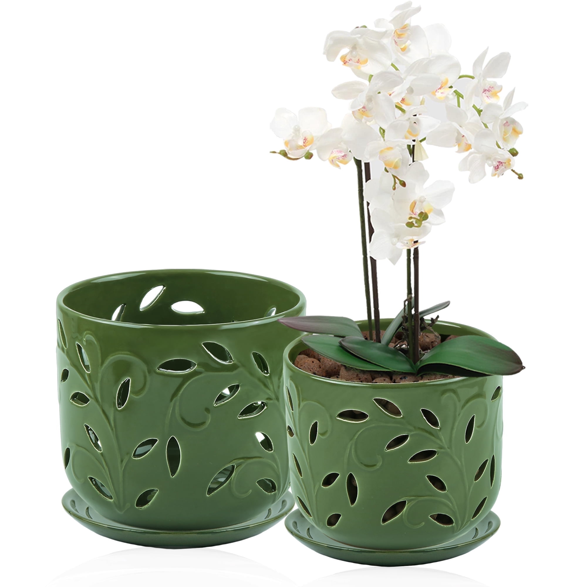 BUYMAX 5" & 6" Ceramic Orchid Pots with Holes and Trays, Leaf Lattice Verdigris Patina, Set of 2