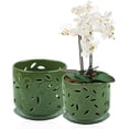 thumbnail image 4 of BUYMAX 5" & 6" Ceramic Orchid Pots with Holes and Trays, Leaf Lattice Verdigris Patina, Set of 2, 4 of 10