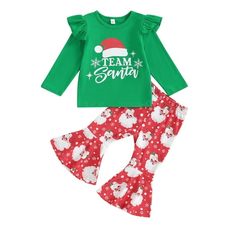 

Toddler Girl Fall Outfits Crew Neck T-Shirts Santa Print Flare Pants