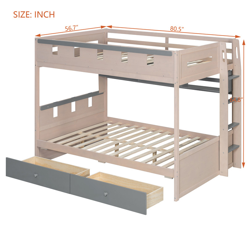 Full Size Castle-Designed Kids's Bunk Bed with Built-in Ladder & LED Strip, Storage Wooden Bed Frame with 2 Drawers & Shelves