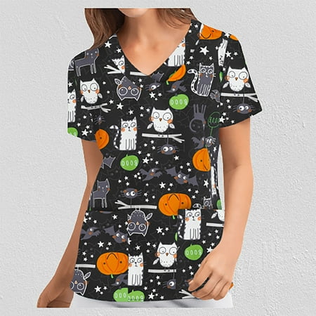 

yoeyez Scrub Tops Women Stretchy Women Short Sleeve V-neck Tops Working Uniform Halloween With Pockets Blouse Uniformes De Enfermeras De Mujer