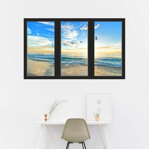 VWAQ - Sunset 3D Beach Office Window Wall Decals Ocean View Sticker Seascape Mural - OW20