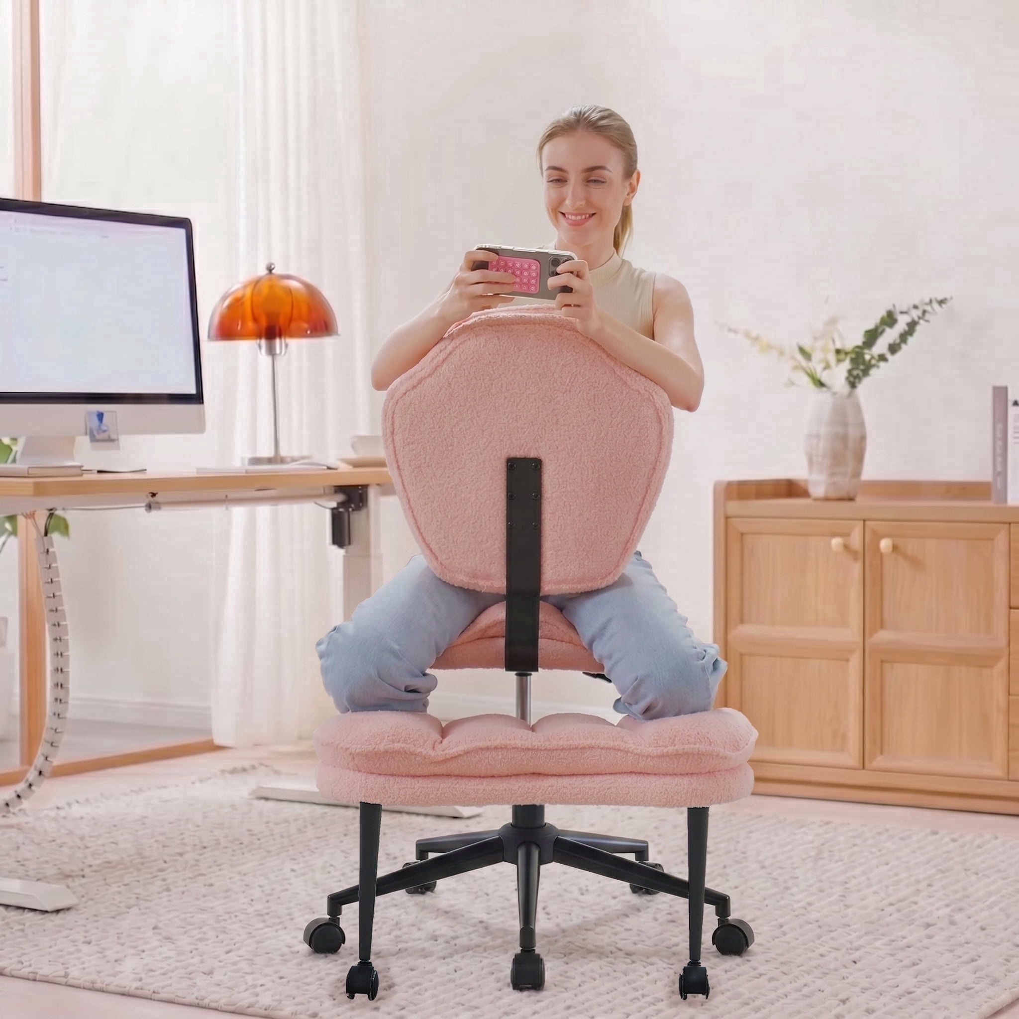 pinmoco, Cross Legged Office Chair, White Boucle, Heavy Duty Wide