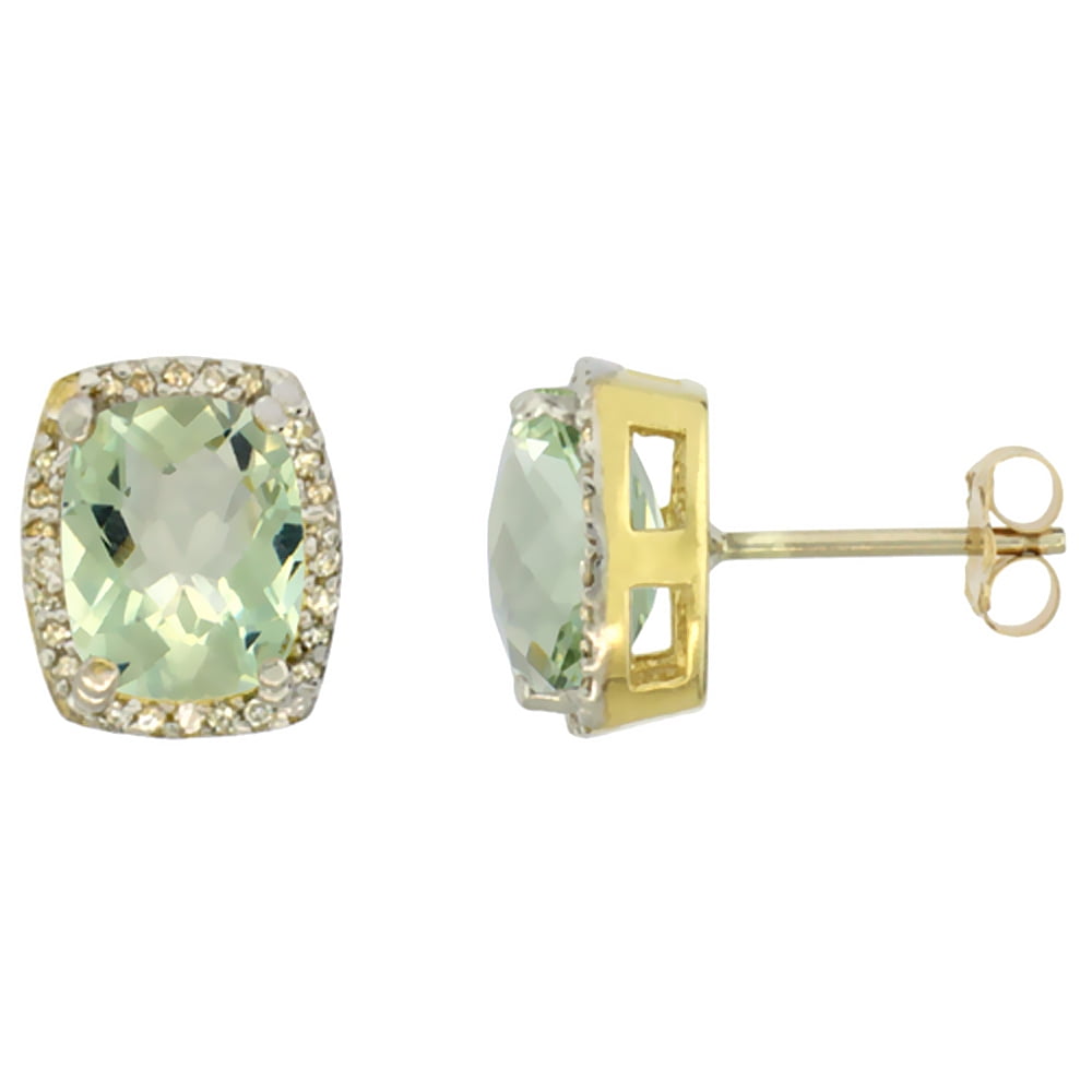 10k Yellow Gold Diamond Natural Green Amethyst Earrings Octagon 10k Yellow Gold Diamond Natural Green Amethyst Earrings Octagon Cushion 8x6 Mm