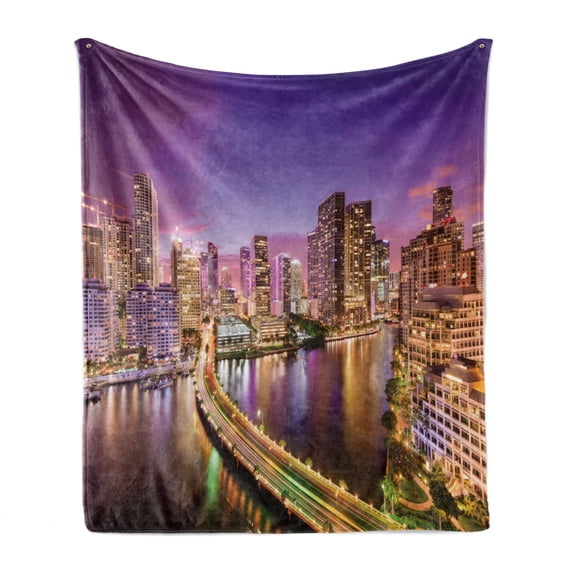 City Soft Flannel Fleece Blanket, Real Life Image of Miami Florida at Night Downtown Tourism Spots Discovering the World, Cozy Plush for Indoor and Outdoor Use, 70" x 90", Multicolor, by Ambesonne