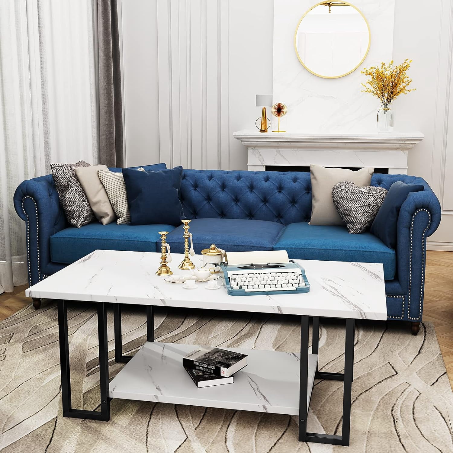 LinkRomat Modern Coffee Table, 40" Faux Marble Top Rectangular Coffee Table with Black Metal Frame, 2 Tier Living Room Table for Living Room, Office, Balcony, White
