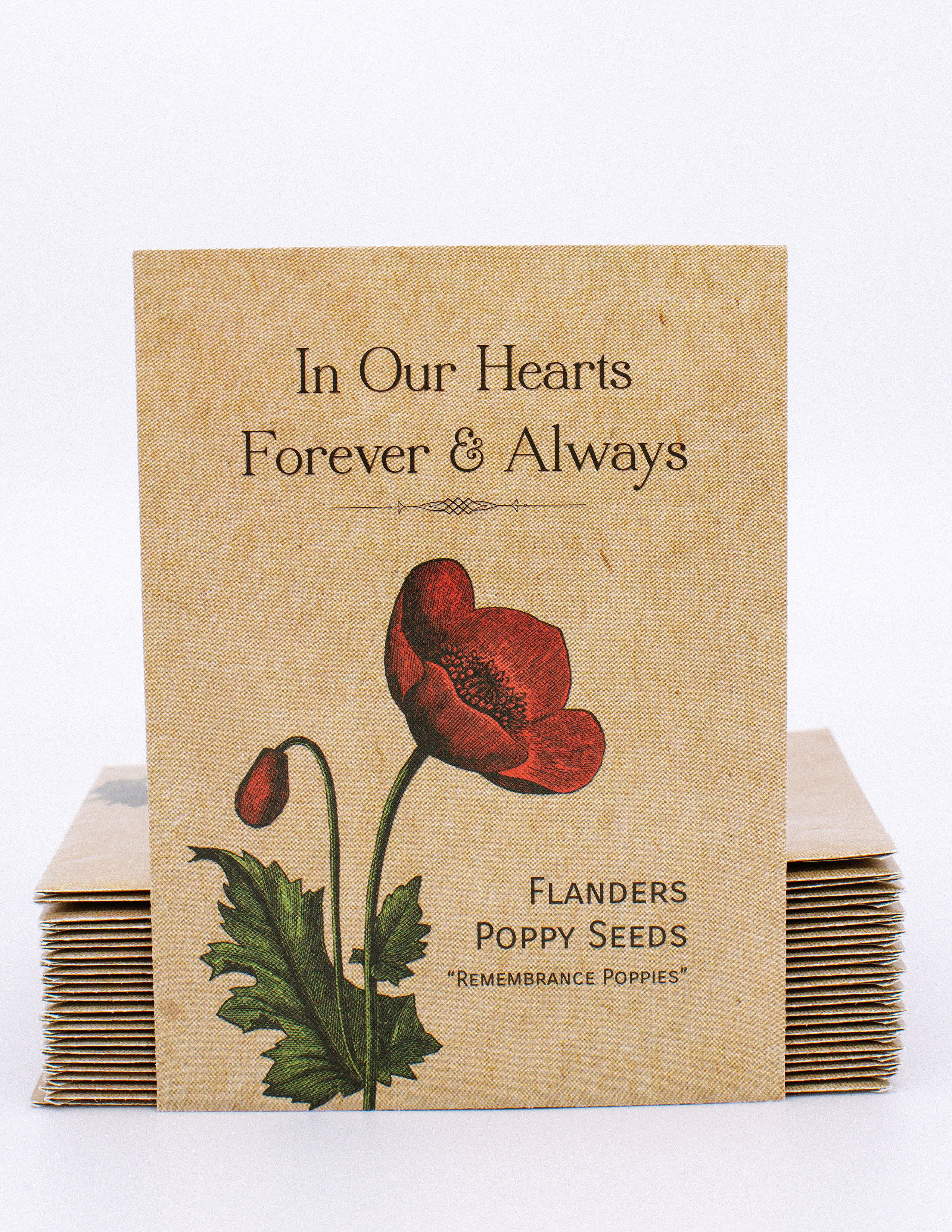 In Our Hearts Remembrance Memorial - Flanders Poppy - Kit | 25 Individual Red Flanders Poppy Seed Packet Favors | Non GMO | Already Filled | Bulk Pack of 25