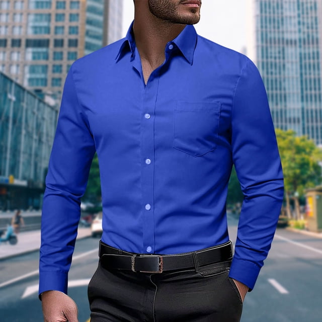 pstuiky camisas de manga larga para hombre, Camisa informal de manga larga con solapa y botones en color liso para hombre, estilo ejecutivo. Tops de hombre l