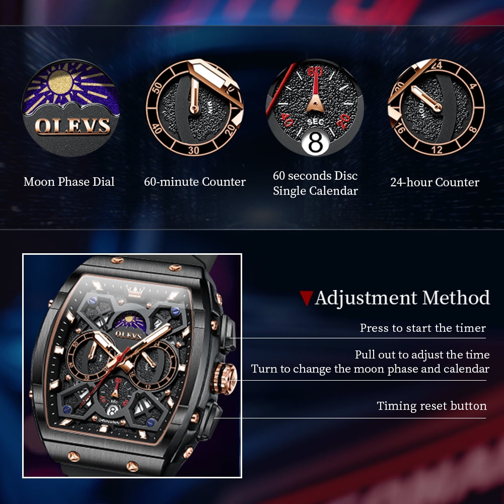 OLEVS Watches for Men Chronograph Waterproof Luxury Dress Quartz Silicon Strap Multifunction Moon Phase Calendar Luminous Men Wrist Watches Reloj Para Hombre Black/Red