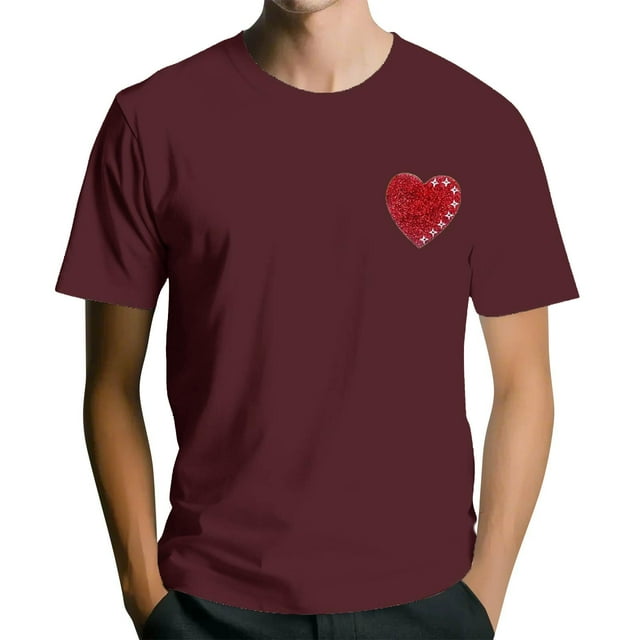 T-Shirt Graphique pour Homme de la Saint-Valentin avec Imprimé Cœur Pailleté Rouge, Tissu Doux, Tenue Décontractée d'Été et pour Rendez-Vous, Bourgogne, P