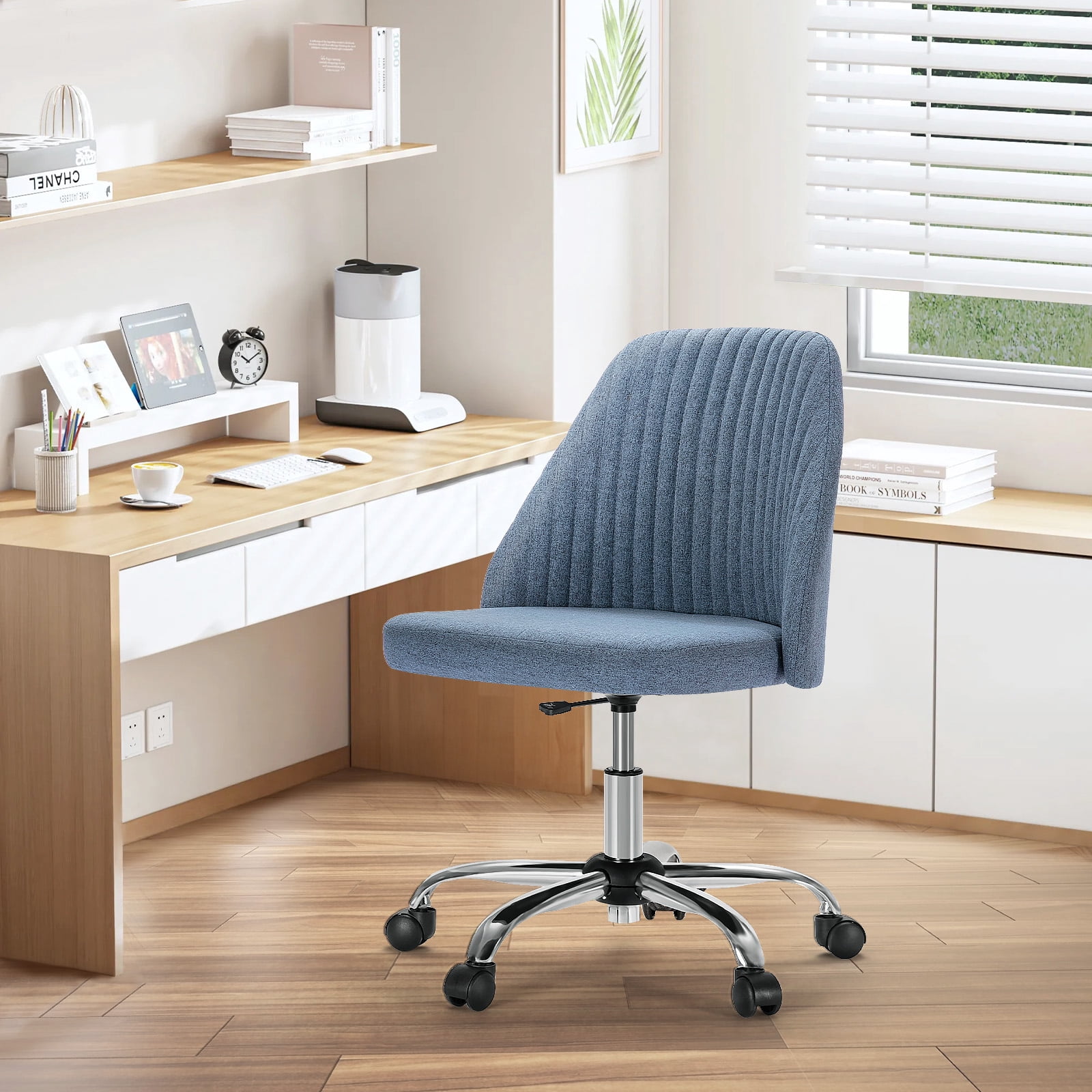 JOINSUN Armless Office Chair Modern Fabric Home Office Desk Chair, Adjustable Swivel Vanity Chair, Blue