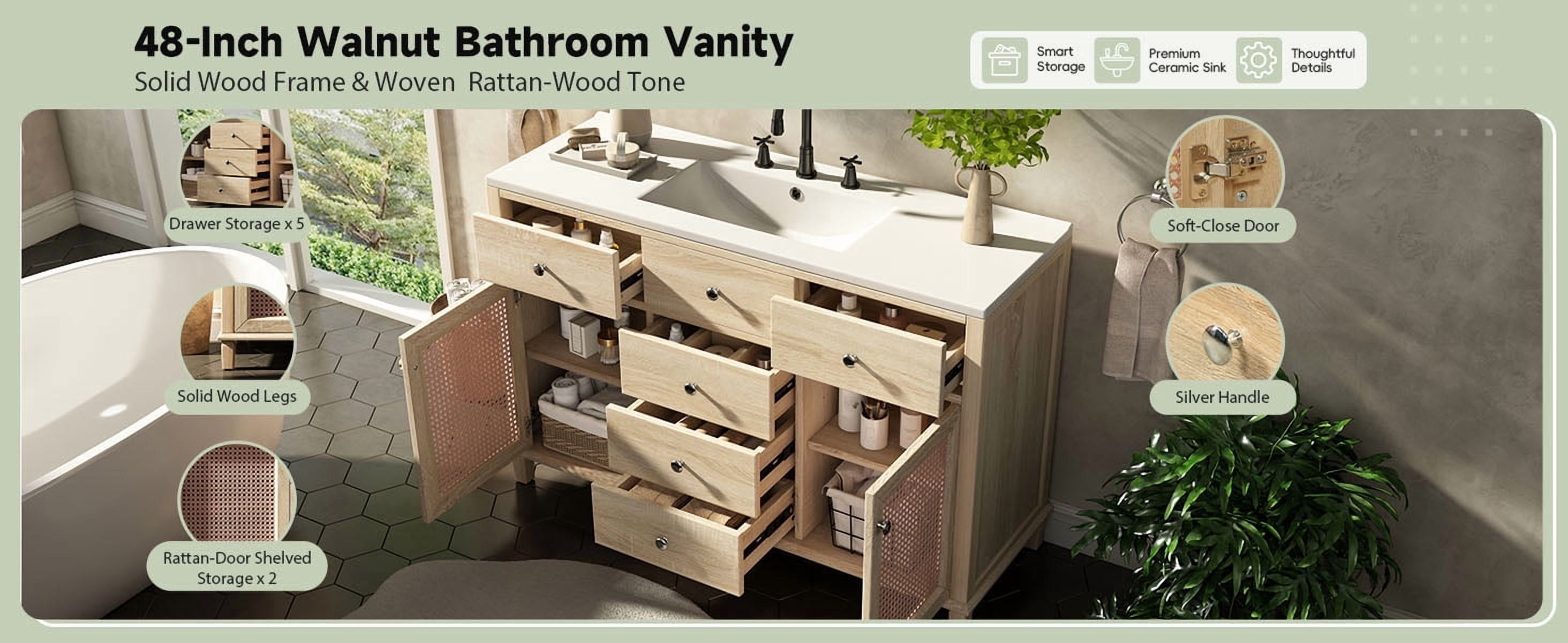 Mintazer 48 Inch Rattan Bathroom Vanity, Coastal Boho Single Sink Bath Cabinet with 5 Drawers & Soft Close Rattan Doors, Natural