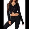 thumbnail image 3 of Conjunto de Dos Piezas de Punto para Mujer: Suéter de Larga con Cremallera, Sudadera Corta con Capucha y Pantalón Acampanado. Negro L, 3 of 9