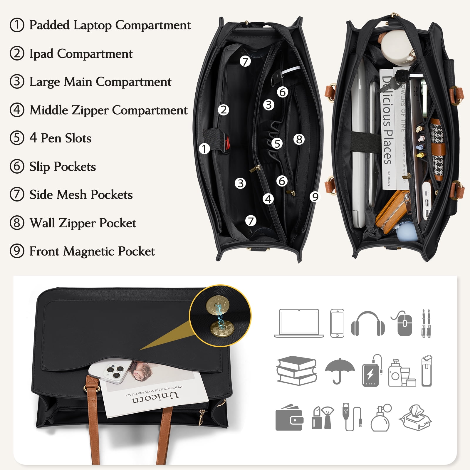 RAINSMORE Women's Handbag 15.6 Inch Leather Tote Bags Waterproof Laptop Briefcase Office Business Work Travel Handbag for College Teacher