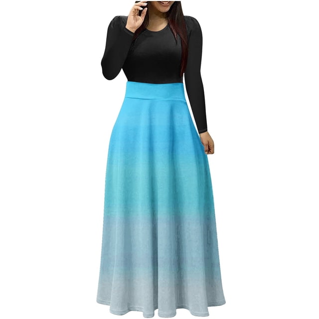 Robe Décontractée pour Femmes Robe Décontractée pour Femmes Imprimée à Col Rond à Manches Longues Patchwork Évasée Fluide Robe Longue Maxi Robe Maxi Grande Taille P-74 Bleu Ciel P