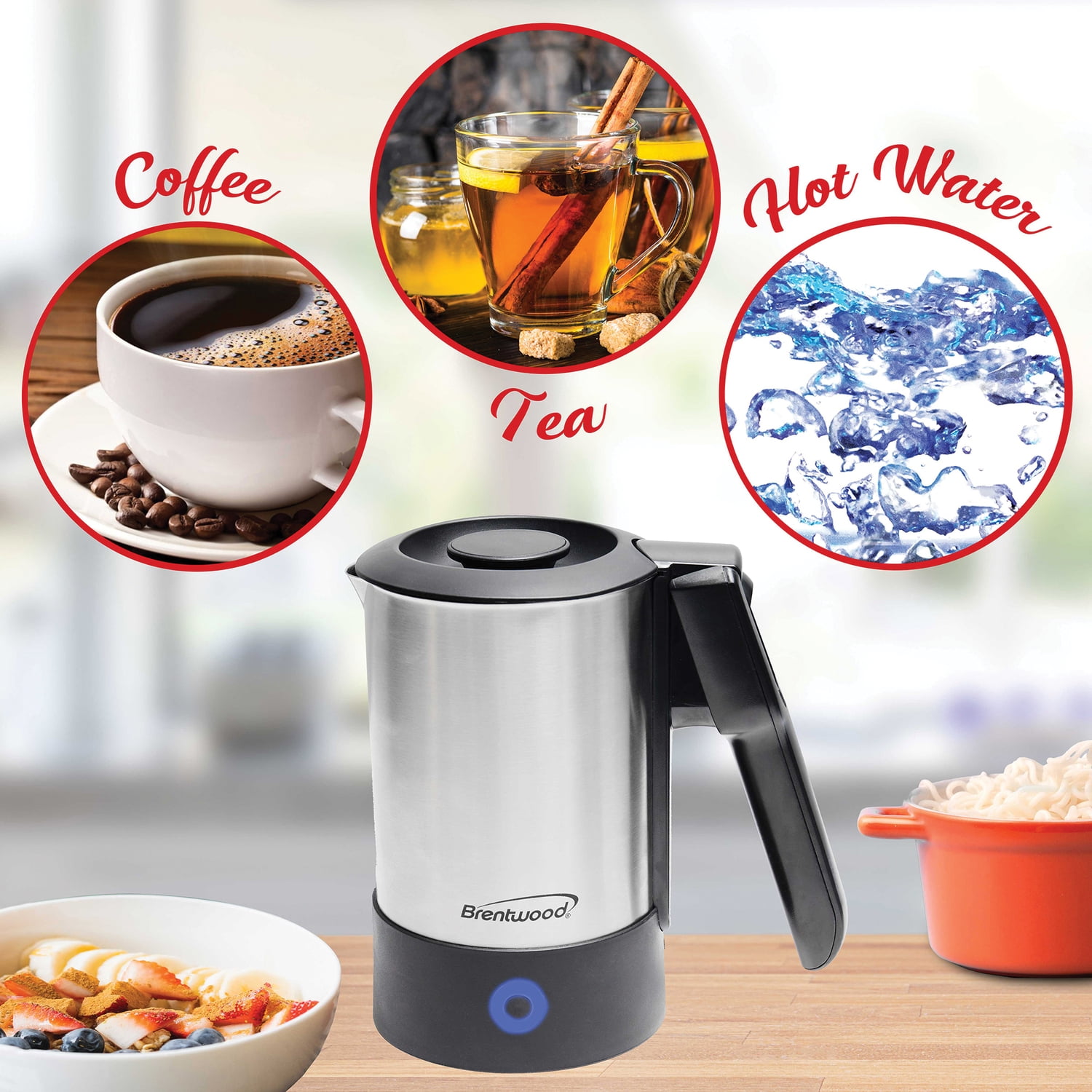Brentwood 1000-Watt 20-Oz. Dual-Voltage Stainless Steel Electric Travel Kettle, Automatic Shutoff