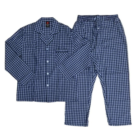 Hanes Mens 2 Piece Blue Plaid Woven Shirt & Pants Pajama Sleep Set - Size - Medium