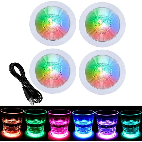 LINLIN 4Pack LED Coasters for Drinks,USB Rechargeable Light Up Coasters Bottle Lights for Bar Beer Champagne,Wine Cup Luminous Mat Cup Holder for Party Wedding Bar Club