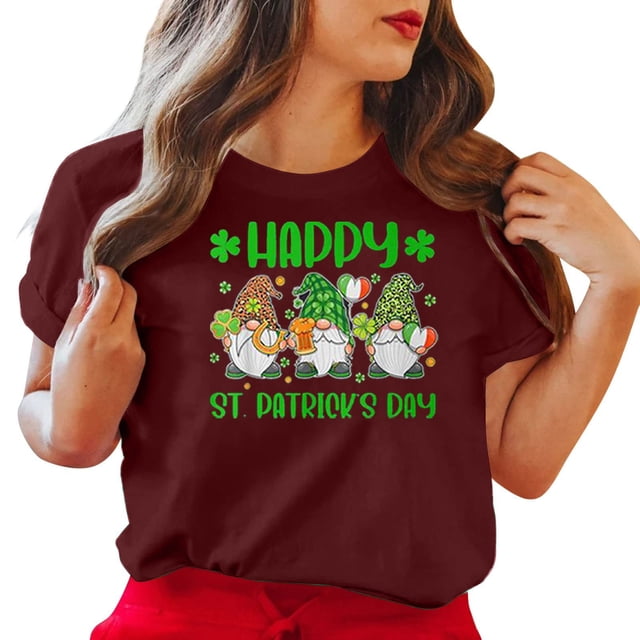 LSLJS Col Rond Saint Patrick's Imprimé à Quatre Feuilles Manches Courtes Décontracté Ample Haut Manches Courtes Col Rond/chemise, Cadeaux pour Femmes