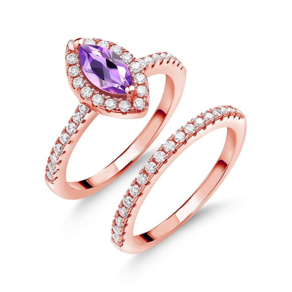 Gem Stone King 18K Rose Gold Plated Silver Ring Marquise Purple Amethyst and Moissanite (0.93 Cttw, Size 8)