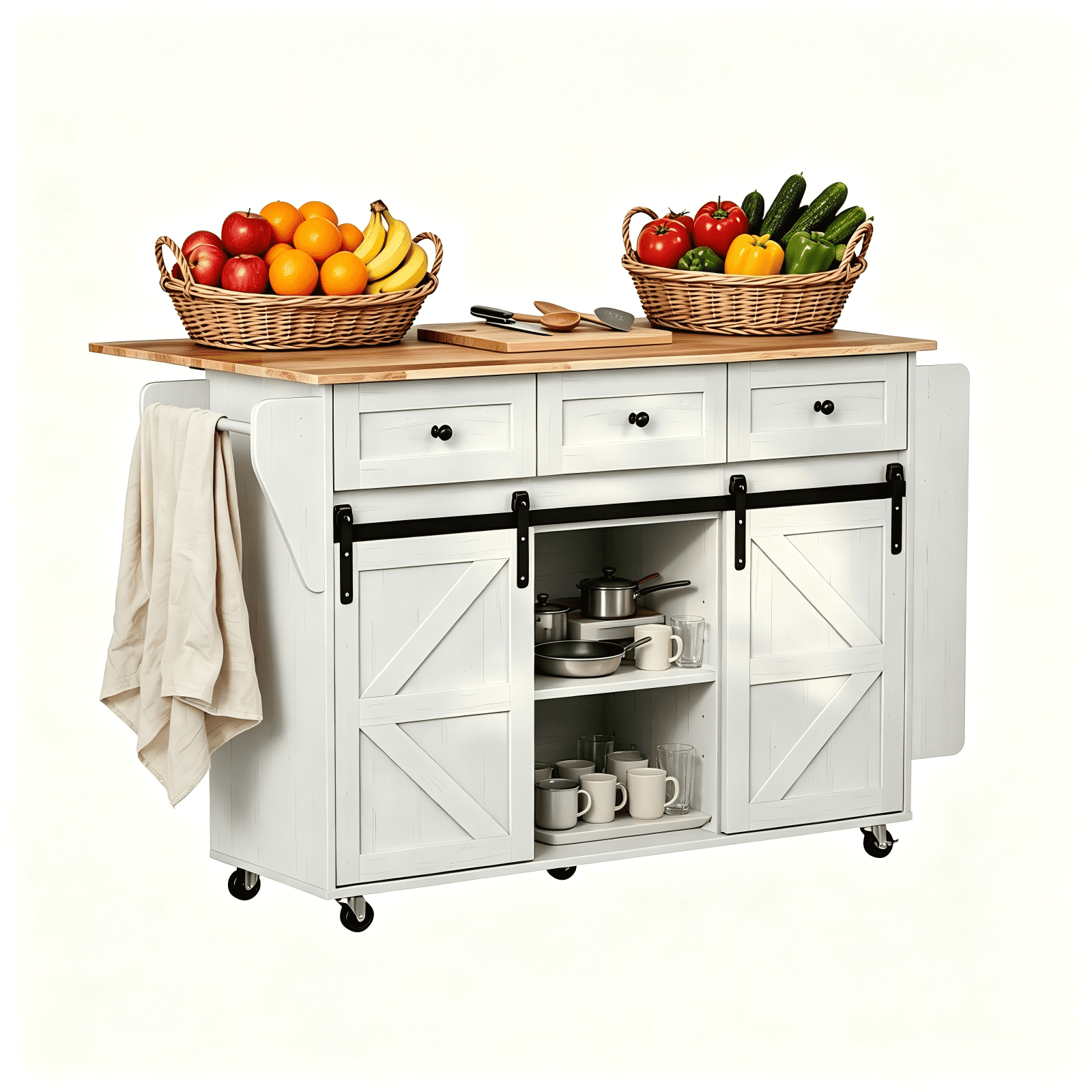 2 Barn Doors with Sliding Rails 3 Drawers 3 Shelves Serving Cart Rubberwood Countertop + MDF Cabinet Dining Cart, 47.24*29.49*35.08in, White