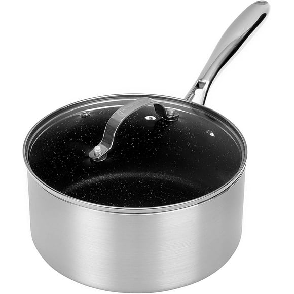 Granitestone Nonstick 3 Quart Saucepan with Glass Lid, Small Pot with Lid-Ultra Durable Coating with Brushed Exterior Silver-100% PFOA Free-Dishwasher & Oven Safe
