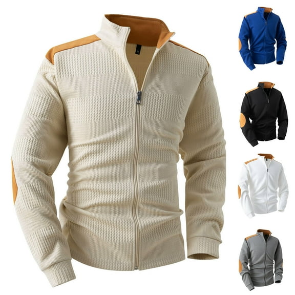 Miluxas Mens Zip Up Cardigan Sweater Casual Stand Collar Textured Knit Ribbed Chunky Sweaters White