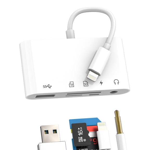 Lightning to SD Card Reader USB 3.5 mm audio charger Adapter(5in1)for iPhone 14 13 12 Pro Max Digital Camera OTG 3.0 Micro SD Memory Stick Flash Drive Accessories for Apple TF Transfer Photo for iPad