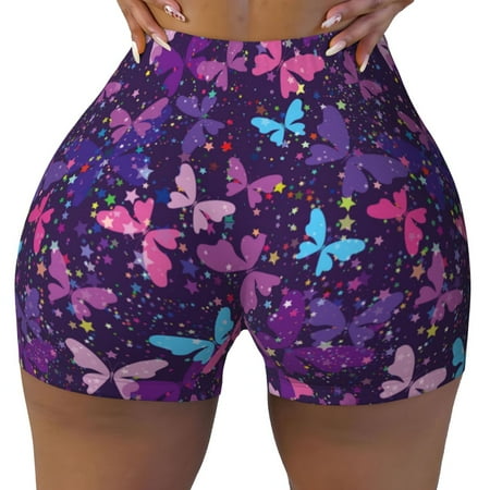 Workout Shorts Women  Bright Purple Butterflies Biker Shorts for Women Running Gym Spandex Shorts Tummy Control