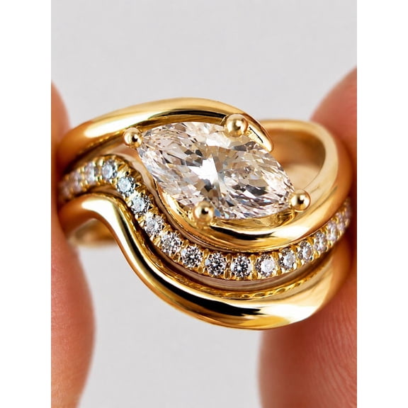 Diiro Elegant Marquise Cut Moissanite Diamond Shank Twist Ring for Women, 14K Vermeil Yellow Gold Bridal Luxe Wave Jewelry Statement USA Style