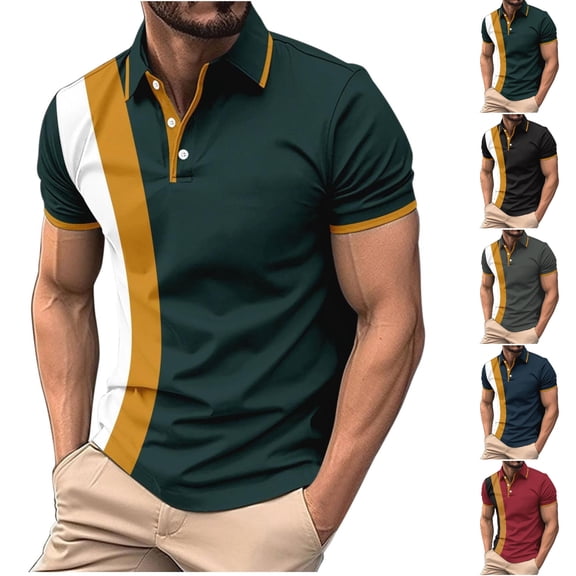SGFCWSX Polo Shirts for Men Short Sleeve Slim Fit Color Block Casual Golf Shirts Army Green Size L