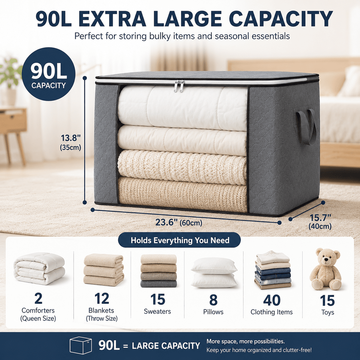 Brotasdro 4 Pack 90L Large Storage Bags with Clear Window & Reinforced Handles, Foldable Closet Organizer for Clothes, Blankets & Comforters, Gray