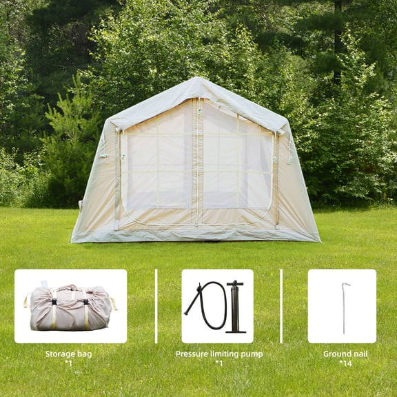 8 ㎡ Inflatable Camping Tent for 4-6 Person, 5-Min Easy Setup Waterproof Oxford Air Tent with Hand Pump, Stove Jack & AC Port, Large Mesh Windows, 4 Season Blow Up Glamping Tent, Beige
