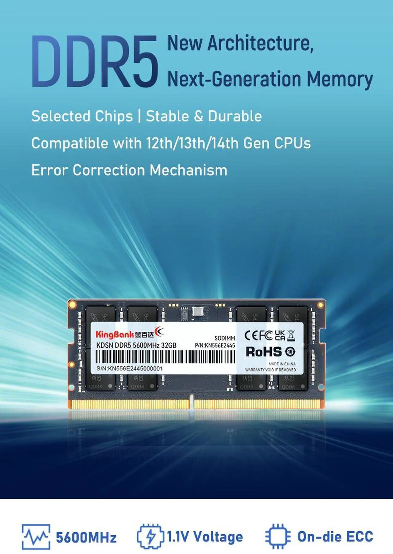 Kingbank 32GB 262-Pin DDR5 SO-DIMM DDR5 5600 (PC5 44800) Laptop Memory Model KBN32G5600