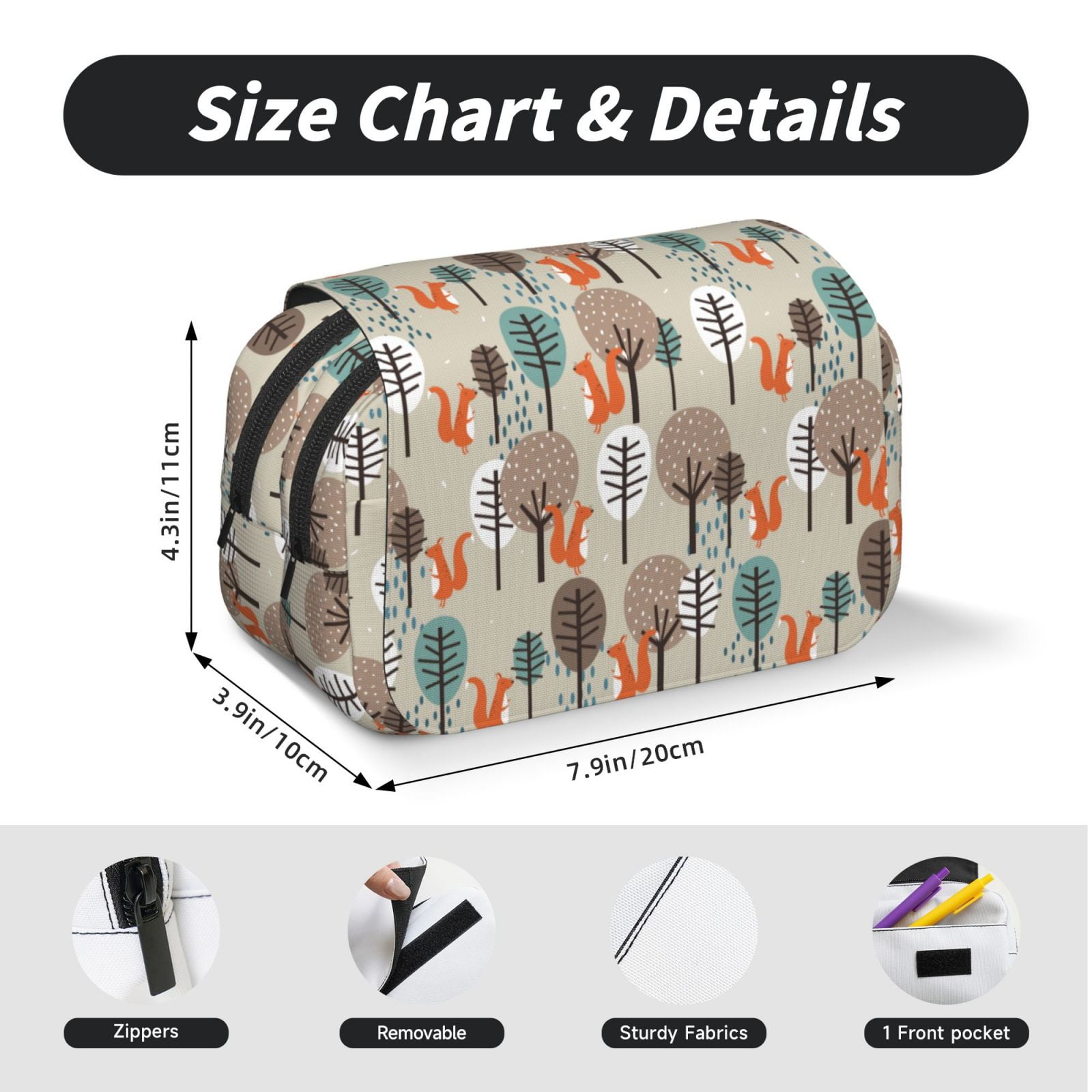Rateoe Squirrels and Trees Pattern Double Clamshell Pen Case, Storage Organizer with Two Zipper Compartments– Holds Up to 50 Pencils & Pens